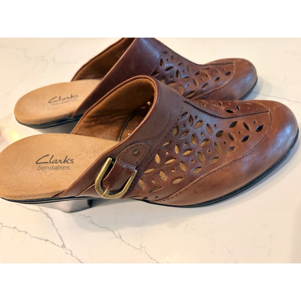 Clarks Bendables Mules Brown Leather Perforated Buckle Clogs